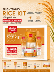 Golden Pearl Brightening Rice Kit packaging with rice grains on a beige background
