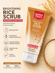 Golden Pearl Brightening Rice Scrub packaging with rice extract and niacinamide on a beige background.