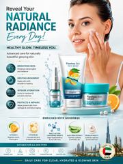 Skincare product set with a woman applying cream, featuring text about natural radiance and benefits.