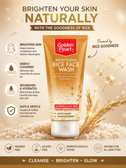 Golden Pearl Brightening Rice Face Wash tube with rice grains and text on a beige background