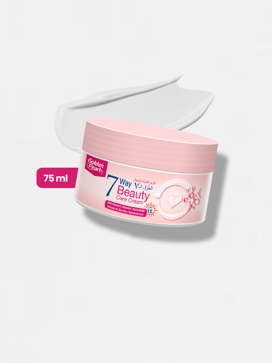 Pink jar of 7 Way Beauty Cream with a white applicator on a light gray background
