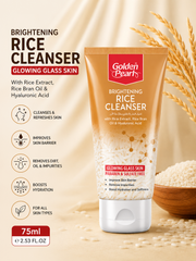 Golden Pearl Brightening Rice Cleanser tubes with rice grains, formulated with Rice Extract, Rice Bran Oil and Hyaluronic Acid for soft and refreshed skin.
