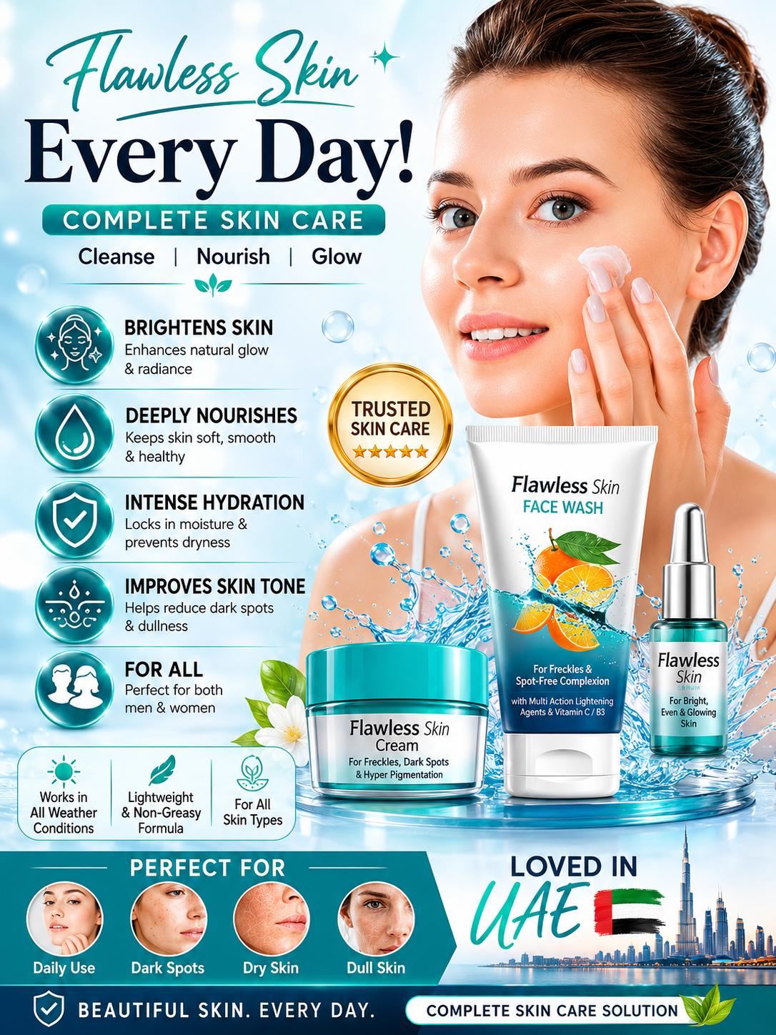 Advertisement for Flawless Skin Complete Skin Care products with a woman applying cream.