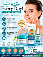 Advertisement for Flawless Skin Complete Skin Care products with a woman applying cream.