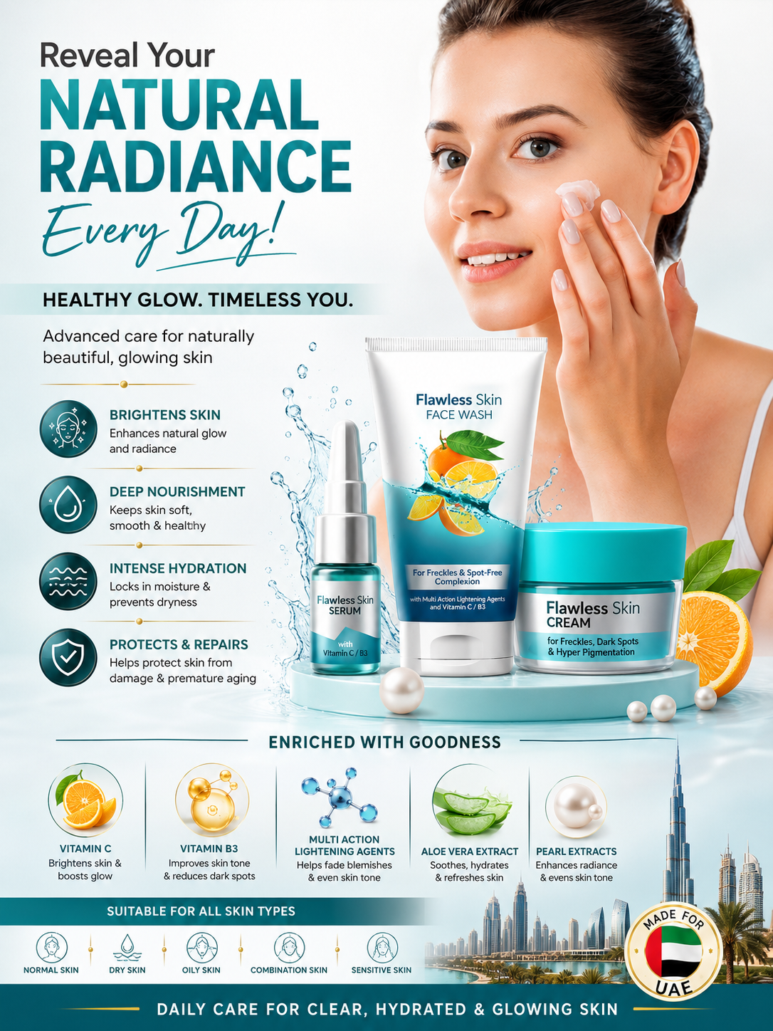 Skincare product set with a woman applying cream, featuring text about natural radiance and benefits.