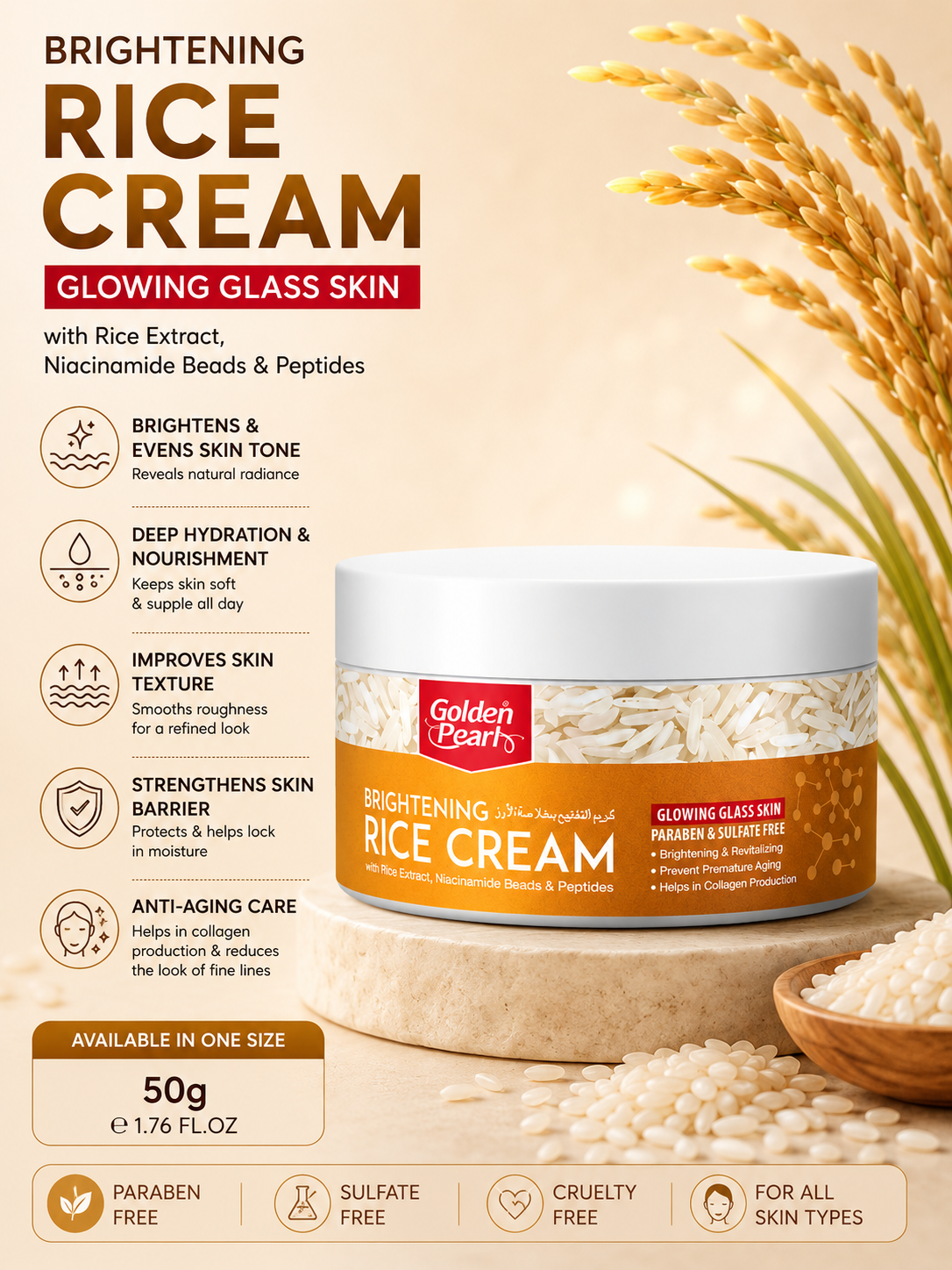 Promotional image of Golden Pearl Brightening Rice Cream with rice extract and benefits listed.
