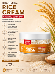 Promotional image of Golden Pearl Brightening Rice Cream with rice extract and benefits listed.