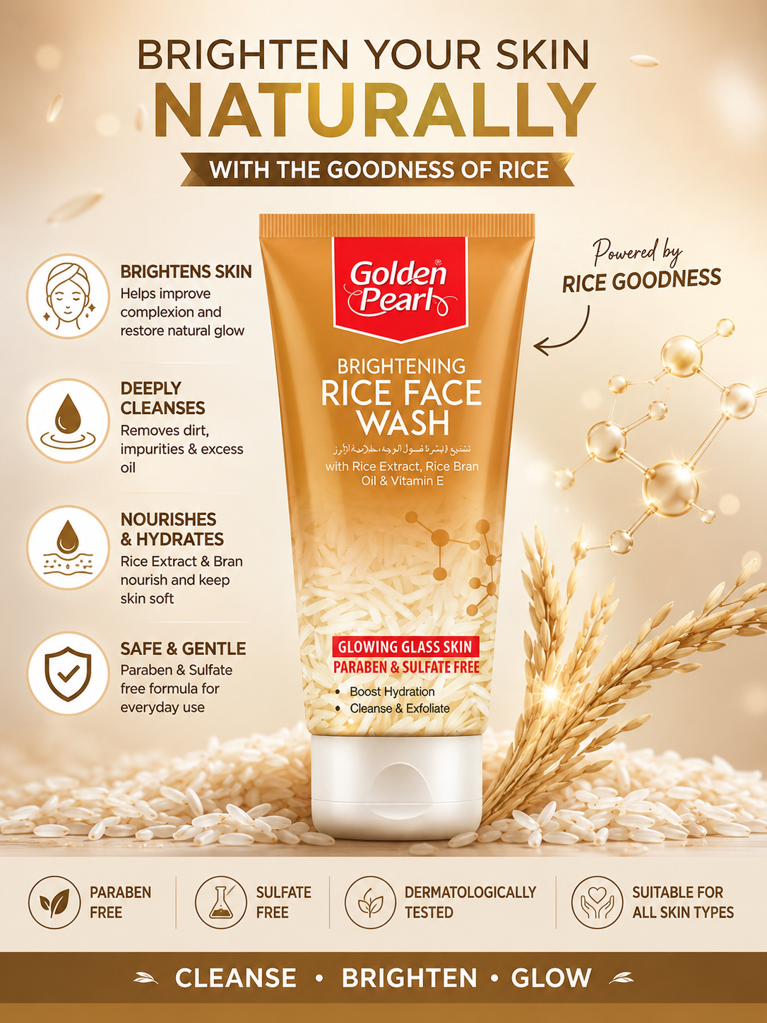 Golden Pearl Brightening Rice Face Wash tube with rice grains and text on a beige background